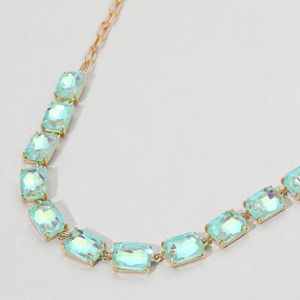 Mint Abalone Rectangle Stone Cluster Link Crystal Necklace Chain Evening